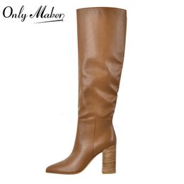 Dress Shoes Onlymaker Women Pointed Toe Knee High Chocolate Fashion Big SizeWinter Handmade Brand Boots 230816