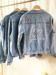 Women's Jackets PERSONALIZED Statement Denim Bridal Jacket Custom Name Pearl Detailing MRS Date Placement On Collar Bride Gift 230816