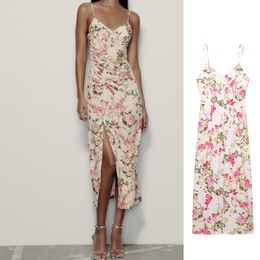 Basic Casual Dresses PB ZA 2023 Summer Women's Wear European and American Floral Print Hanging Strap Split Midi Dress 9878184 230816