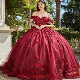 Red Off The Shoulder Shiny Ball Gown Quinceanera Dresses Sweet 16 Princess Lace 3DFlower Beads Prom Gowns Vestido De 15 Anos