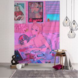 Decorative Objects Figurines Kawaii Anime Girl Tapestry Wall Hanging Pink Cute Boho Style Psychedelic Hippie Background Home Decor 230816