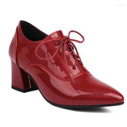 Dress Shoes Autumn Spring Patent Leather Burgundy Blue Red Colour Pointed Toe Lace-up Office Lady Pumps Chunky High Heels Formal Brogue