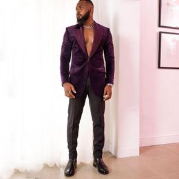 Men's Suits Grape Velvet Men 2 Piece Peaked Lapel Single Breasted Prom Party Suit For Blazer Sets Costume Homme Jacket Pant
