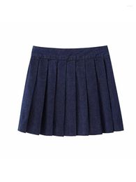 Skirts Women 2023 Spring Chic Fashion Wide Fold Denim Mini Skirt Vintage High Waist Side Zipper Female