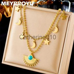 Pendant Necklaces MEYRROYU 316L Stainless Steel 2023 New Star Moon Gold Colour Pendant Necklace Women 3 in 1 Green Stone Jewellery Fashion Party J230817