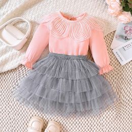 Clothing Sets Girls' Autumn and Winter New Petal Collar Top+Mesh Cake Skirt Set