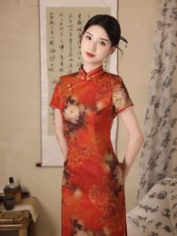 Ethnic Clothing Chinese Style Mandarin Collar Short Sleeve Cheongsam Elegant Red Flower Print Qipao