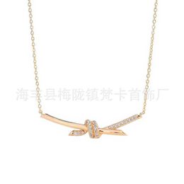 Designer's High Quality Brand 18K Rose Gold Rope Knot Pendant Necklace Hand Set Half Diamond Smooth Butterfly Tie 2HLG
