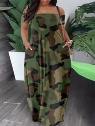 Basic Casual Dresses LW Bateau Neck Camo Off The Shoulder Maxi Short Sleeve Floor Length Camouflage Summer Women Clothings 230816