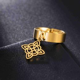 Band Rings LIKGREAT Witch Knot Pendant Ring Vintage Stainless Steel Gold Color Finger Ring Witchcraft Protection Amulet Jewelry Gifts New J230817