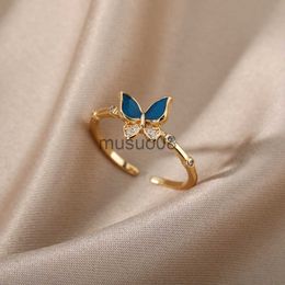 Band Rings Cute Zircon Butterfly Pendant Open Rings For Women Blue Insect Charm Adjustable Finger Ring Vintage Bohemian Wedding Jewellery J230817