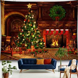 Tapestries Merry Christmas Tapestry Snowflakes Santa Claus Winter Night Xmas Tree Wall Hanging Fireplace Gift New Year Decorations for Home R230817