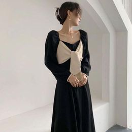 Casual Dresses BULOCHOVA 2023 Spring Vintage French Thin And Cover Belly Long Dress Women Bow Square Collar Over Knee Vestidos