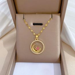 Pendant Necklaces Stainless Steel Gold Color Zircon Round Moon Star Chain Necklace For Women Party Fashion Jewelry Gift