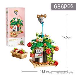 Blocks Bouquet Ornaments Mini Building Blocks DIY Strawberry Potted Plant Flower Puzzle Assembly Brick Kids Toy Gift Home Decoration R230817