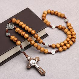 10MM Catholic Wood Beaded Rosary Necklaces For Women Christian INRI Crucifix Cross Pendant Long Chain Men Religion Prayer Jewelry