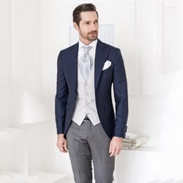 Men's Suits Italian Style Wide Peaked Lapel Dark Blue Men For Wedding Groom Tuxedos Classic Groomsmen Suit Blazer Man Wear 3Piece