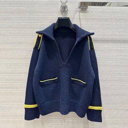 Women's Sweaters Autumn Fashion Navy Style Salior Collar Long Sleeve Epaulet Gold Button Double Pockets Loose Cashmere Knit Sweater Pullover