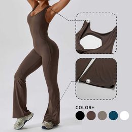 Lulu Pant Women Back Yoga Jumpsuit Flared Trousers Tights Push-up Sports Bodysuit Women Hollow Out Fitness Suit Workout Sportswear Gym