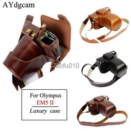 Camera bag accessories Luxury Pu Leather Camera Case Bag Cover For Olympus EM5 II EM5 Mark II Camera With Strap Open Battery Design HKD230817