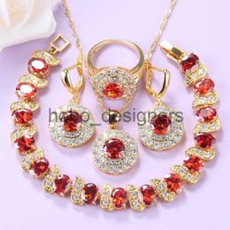AAA+ Quality Gold Color Jewelry Sets For Women Necklace And Bracelet Red Garnet Wedding Ring Sets 8-Colors Bridal Costume x0817