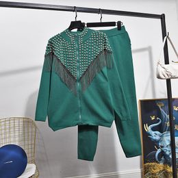 Women's Two Piece Pants Autumn Fashion Knitted Tracksuit Women Set Rivet Chain Tassel Cardigan Sweater Outfits Loose Green Purple Knit Suit