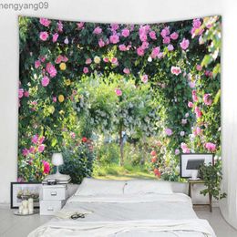 Tapestries Natural Pink Rose Plant Flower Wall Hanging Garden Window Natural Scenery Cloth Home Living Room Decoration Tapestry R230817