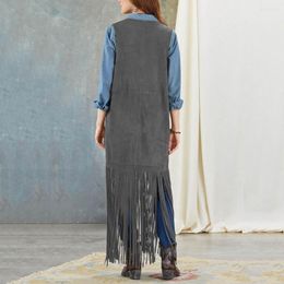 Women's Vests Women Long Fringed Waistcoat Stylish Fringe Vest Sleeveless 70s Hippie Cardigan With Patch Pockets For Cowboy Cosplay