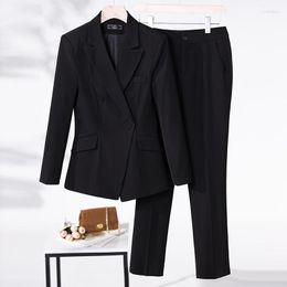 Women's Two Piece Pants Women Black Chic Pant Suit 2 Set Female Long Sleeve Slim Jacket Pencil Trouser Business Double Breasted Formal