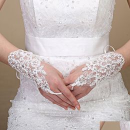 Bridal Gloves Elegant Beaded Lace Short Fingerless White Red Ivory Accessories Drop Delivery Party Events Dhgrc