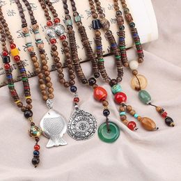 Pendant Necklaces Retro National Style Wood Beads Bodhi Peace Buckle Long Sweater Chain Men's And Women's Buddhist Necklace Wit