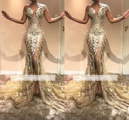 Luxury Beading Pearls One Shoulder Tulle Mermaid Evening Dresses Lace Appliqued Front Split Prom Dresses Party Pageant Gowns bc0614