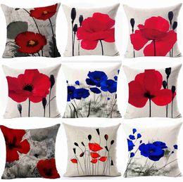 Pillow Case 45x45cm New Vintage Watercolor Oil Painting Red Flower Polyester Print Cover Cushion Cover Home Sofa Interior Decoration HKD230817