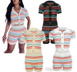 2023 Knitted Striped Two Piece Set Women Tracksuits Fashion Matching Suit Short Sleeve Cardigan Crop Top And Shorts Sets Outfits