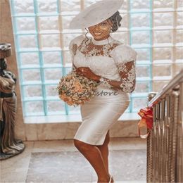 Simple Short Boho Wedding Dress Aso Ebi South African Civil Plus Size Lace Long Sleeve Bride Dress Chic Women Bohemian Bridal Dresses 2023 Elegant Sexy Mariee