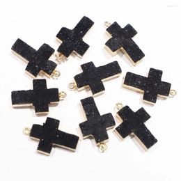 Pendant Necklaces 4pcs/lot Selling Natural Stone Black Agate Cross Druzy Necklace Men Women Unisex Charms DIY Fashion Jewelry Making