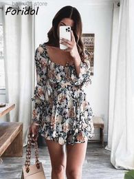 Women's Jumpsuits Rompers Wide Leg Print Boho Summer Playsuit Rompers Long Sleeve Square Collar Floral Romper Overalls Sash Chiffon Beach Romper T230817