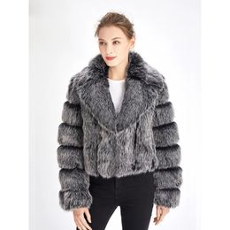 Luxury Cropped Fur Jacket Womens Coat Winter 2023 Lapel Long Sleeve Faux Fox Fur Coat Women Thick Warm Fluffy Fur Jacket
