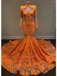 Party Dresses Orange High Neck Long Sleeves Mermaid Evening Dress For Women 2023 Cut Out Lace Sparkly Sequined Vestidos De Fiesta Prom Gowns