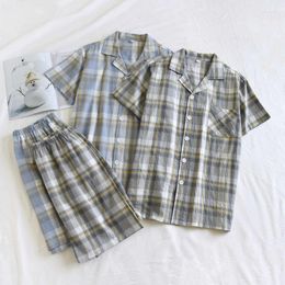 Men's Sleepwear 2023 Japanese Summer Pyjama Set Cotton Short Sleeve Shorts Two Piece Simple Plaid Thin Homewear