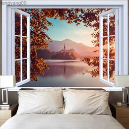 Tapestries Landscape Outside The Window Tapestry 3D Mountain Lake Sunset Natural Scenery Wall Hanging Aesthetic Room Decor Background Cloth R230817