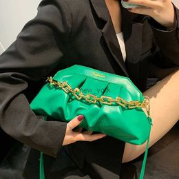 Hobo 2023 New Thick Chain Shoulder Bags For Women Pu Leather Pleated Cloud Bag Simple Crossbody Bags Clip Designer Lady Green Clutch HKD230817