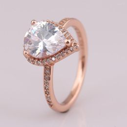 Cluster Rings Rose Radiant Teardrop With Crystal Ring For Women Authentic S925 Sterling Silver Lady Jewelry Girl Birthday Gift