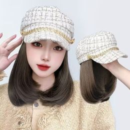 Berets Fashion Girls Winter White Plaid Cap With Short Hair Hat Wig Set 230816