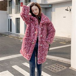 QNPQYX Winter Fashion New Mid-Length Horn Buckle Thickened Warmth Rose Pink Leopard Imitation Rex Rabbit Fur Coat Female Tide H350