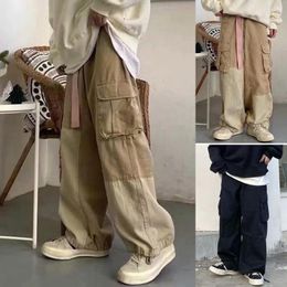 Men's Pants Cargo Multiple Pockets Elastic Waist Ankle-banded Drawstring Hip Hop Streetwear Contrast Colour Loose Men Summer Trousers