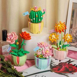 Blocks Creative Floral Potted Plant Potted Flower Cactus Lotus Bonsai Building Block Bouquets Desk Decoration toys for 6+ Girls Gift R230817