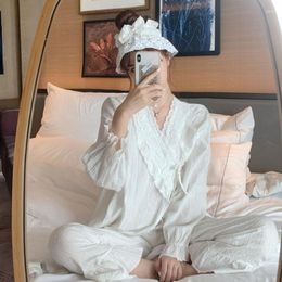 Women's Sleepwear Korea Style Lace Pyjama Set Solid 2 Pcs With Pant Ladies Long Sleeve Spring Autumn Pijama Suit For Female