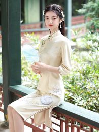Ethnic Clothing 2023 Autumn Young Girls Daily Chinese Style Cheongsam Mid-length Improved Self-cultivation Slim Mid-sleeve Qipao Dress For
