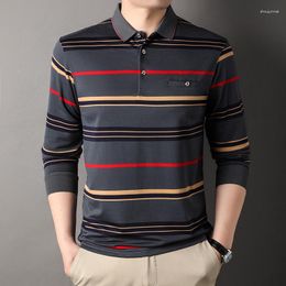 Men's Polos Spring Autumn Striped Long Sleeve Pockets Button Tees Turn-down Collar Pullover Polo Shirt Business Casual Loose Tops